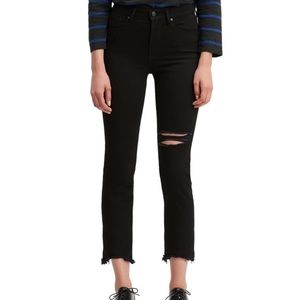 Levi's Ripped Jeans High Rise Straight Leg Crop Raw Hem Black - 27